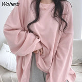 Women No Hat Hoodies Solid Candy Colors Long Sleeve Loose Sweet Fresh O Neck Sweatshirts Spring Korean Style All-match Students-Outfit