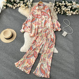 Style Two-Piece Suit Women's Autumn French Retro Print Loose Long-Sleeved Skirt High-Waist Straight Casual Trousers-Outfit