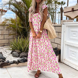 hirigin Summer Boho Floral Print Beach Dress Women Vintage Square Collar Short Sleeve Long Dress Elegant Club Party