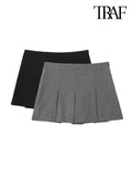 Women Fashion With Pleated Shorts Skirts Vintage High Waist Side Zipper Female Skort Mujer-Outfit