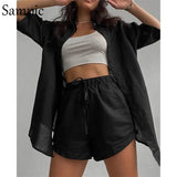 Casual Lounge Wear Summer Green Tracksuit Women Shorts Set Short Sleeve Shirt Tops And Loose Mini Shorts Two Piece
