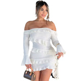 Autumn Women's New Fashion Long-Sleeved Horn Sleeves Shoulder Lotus Leaf Side Ribbon