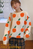 Orange Print Women O Neck Sweater 2023 Autumn Winter Warm Pullovers Top Soft Female Jumper Knitwear Outfits Pull-Outfit