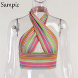 2021 Casual Summer Striped Sexy Halter Skinny Basic Crop Tops Night Club Streetwear Fashion Backless Tank Tops Mini
