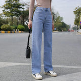 Woherb Leg Jeans Female High Waist Hang Sense Fall 2024 New Niche Design Feel Loose Straight Tube Pants-Outfit