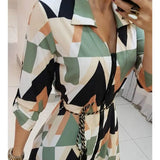Autumn Streetwear Belted Shirt Style OL Dress Long Sleeve Wave Print Long Sleeve Casual Dress Plus Size