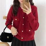 Woherb Autumn And Winter New Korean Version Sweater Coat Female Temperament Sweet College Wind Long Sleeve Knit Cardigan Jacket Female-Outfit