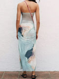 2023 Women Summer Skirts Fashion Print Pleated Split Mesh Fabric Elasticity Female Slim Mid-Calf Elegant Skirt Clothing-Outfit