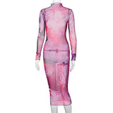 2020 Long Sleeve Vintage Print Mesh See-Through Sexy Maxi Dress With Camis Autumn Winter Women Streetwear Party