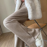 Winter Thick Knitted Women's Wide Leg Pants Side Split Elastic Waist Solid Straight Long Pant 2022 Casual Trouses