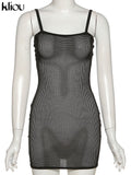 Kliou Grid Farbic Mini Dress Womer Summer Sexy Camis Bodycon Robe Solid Slim Party Club Attirewear Girl Go Out Charming