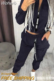 Women Fashion Casual Autumn Winter 2pcs Clothes Set Pockets Zipper Long Sleeve Top Elastic Waist Pants Cargo Solid Color-Outfit