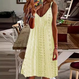 Woherb Women's Summer New Hollow Jacquard V-Collar Sling Solid Color Dress-Outfit
