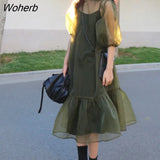 High Street Midi Dress Women Loose Puff Sleeve Fairy Korean Party Dress Female Streetwear Casual Y2k Dress 2021 Summer-Outfit
