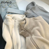 Thick Jackets Women Long Sleeve Stand Collar Zip Up Solid Harajuku Coats for Ladies Baggy Streetwear Lovely Velvet Mujer-Outfit