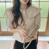 Chic Korea Tops Blusas Fashion Women Office Lady Japan Girls Style Solid Short Sleeve Single Breasted Button