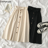 Waist Long Skirts Women A-line Sashes Preppy Teenagers Ruched Solid Spring Elegant Students Mid-calf Retro Harajuku