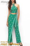 Fashion Printed Women's 2 Piece Set Sexy Cross Hanging Neck Tank Long Pants Suit 2023 Summer Lady Chic High Streetwear-Outfit