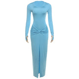 Women's 2025 Summer New Round Neck Fashion Sexy Body Folding Fork Long Sleeve Skirt