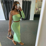 2020 One-Shoulder Crop Top High Waist Skirt 2 Piece Set Autumn Winter Women Fashion Streetwear Outfits