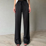Black Pants Women Fashion Lace-up Loose Trousers Ice Silk Casual Leopard Print Retro High Waist Straight Pants Streetwear-Outfit