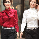 Women Chiffon Blouse Feminine OL Formal Ruffle Puff Sleeve Royal Satin Tops Female Long Sleeve Shirt 3XL-Outfit