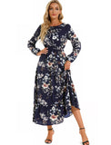 Autumn New Bohemian Floral Print Long Sleeve Waist Dress Women O Neck Loose Casual Beach Vestidos Holiday Robe Dresses-Outfit