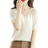 Woherb 2024 New Short-Sleeved Sweater Women's T-Shirt Solid Color V-Neck Short-Sleeved Bottom Shirt Top Thin Style A Hair-Outfit