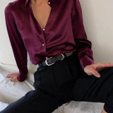 Fashion Satin Blouse 2022 Summer Women Long Sleeve Vintage Buttons Lapel Street Party Shirt Elegant Silk Tunic Top