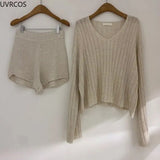 2 Piece Sets Women Outfits Long Sleeve Pullover Women 's Tops High Waist Casual Shorts Elegant Lady Office Suit Knit New-Outfit