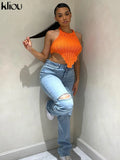 Kliou Halter Knitted Vest Women Sexy Solid Irregular Shape Lace Up Backless Unique Cut Out Fashion Tank Streetwear Female