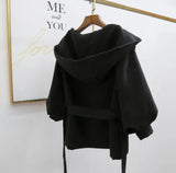 Women Woolen Coat Solid Color Hooded Waist Strap Female