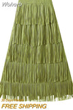 Women Tassel Splicing Pleated Skirt Elegant Elastic Waist All Match A-line Long Skirt For Spring Summer QT2140-Outfit
