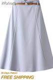 Women Elegant Office Lady Mid-length A-line Skirt With Belt Casual Simple High Waist Long Skirt For Spring Summer QT2061-Outfit