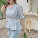 Cute Sweet Ruffled Peplum Tops Blusas Summer Korean Chic Japan Style Flhjlwoc Preppy Girls V Neck Cotton Blue Button