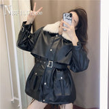 New Slim Waist Strap Women Pu Coat Autumn Winter Fluff Collar Pocket Female