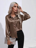 Satin Shirt Satin Imitation Silk Long-Sleeved Pure Color Elegant Button Front Lapel Shirt-Outfit