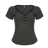 Trendy Base Simple Stripe Bump V Collar Three Buckle Short-Sleeved T-Shirt Top 2025