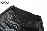 Kliou Simple Faux PU Leather Two Piece Set Women Concise Skinny Sleeveless Vest+ Sexy Unique Cut Out Skirt Streetwear