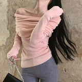 Sexy Slash Neck Knitted Sweater Women Fashion Pleated Off Shoulder Jumpers Woman Elegant Long Sleeve Slim Ft Pullovers-Outfit