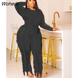 Elegant Women's Set Long Sleeve T-shirt and Tassel Pants Suit Autumn Winter Active Tracksuit Two 2 Piece Set Outfits-Outfit
