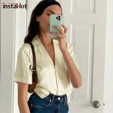 silk elegant soft blouse notched collar satin tops short sleeve summer office lady button tops 2020 fashion