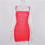 Double Layers Mesh Party Dresses Summer Women Elegant Spaghetti Straps Ruched Club Dress Mini Tight Sexy Dress Pink