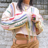Puss Knit Women Sweather Y2K Ribbon Contrast Color O-Neck Loose Vitality Crop Top Casual Wild Trend Festival Streetwear-Outfit