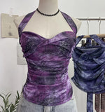 Shot Tie-Dye-Dyed Denim Print Folding Mesh Sling Sling Sling Neck With Bow Striped Backwear