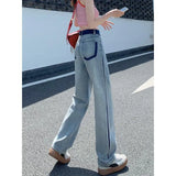 Woherb Leg Jeans Female High Waist Hang Sense Fall 2024 New Niche Design Feel Loose Straight Tube Pants-Outfit
