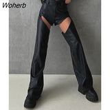 Puss PU Faux Leather Straight Pants For Women Y2K Hollow Sexy Wild Streetwear Gothic Skinny Luxury Office Lady Trousers-Outfit