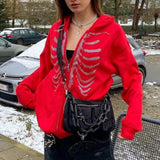 Y2K Rhinestone Skeleton Zip Up Oversized Sweatshirts 2021 Summer Goth Hoodies Women Grunge Hooded Jacket Streetwear Retro