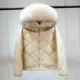 Winter Puffer Jacket Women Hooded 90% Duck Down Coat Short Female Shiny Glossy Feather Parkas Huge Real Raccoon