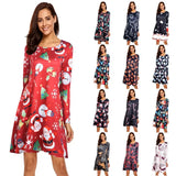 Autumn O Neck Long Sleeve Print Women's Dress Fashion Christmas Holiday Clothing Ladies Party Mini Dress Vestidos Plus